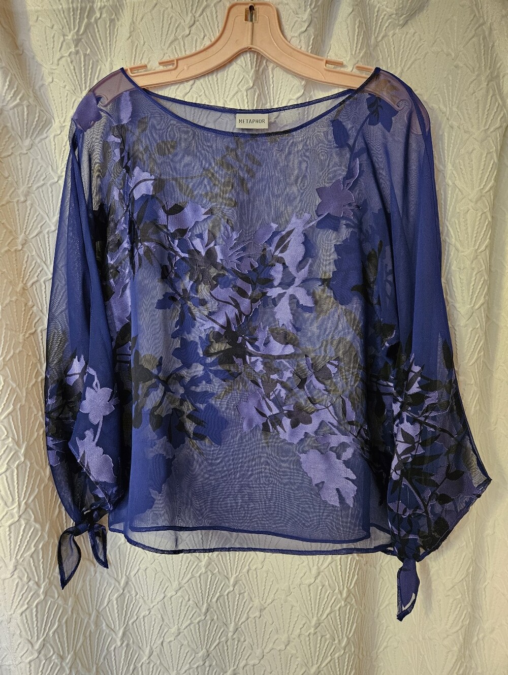Metaphor Sheer Floral Tie-Cuff Blouse - Deep Purple Sheer